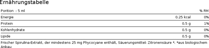 Valori nutrizionali e ingredienti Maxoway SPIRULINA PREMIUM 5.0 concentrato con estratto citoplasmatico di alga spirulina liq (1 Pezzo/i, Liquido)