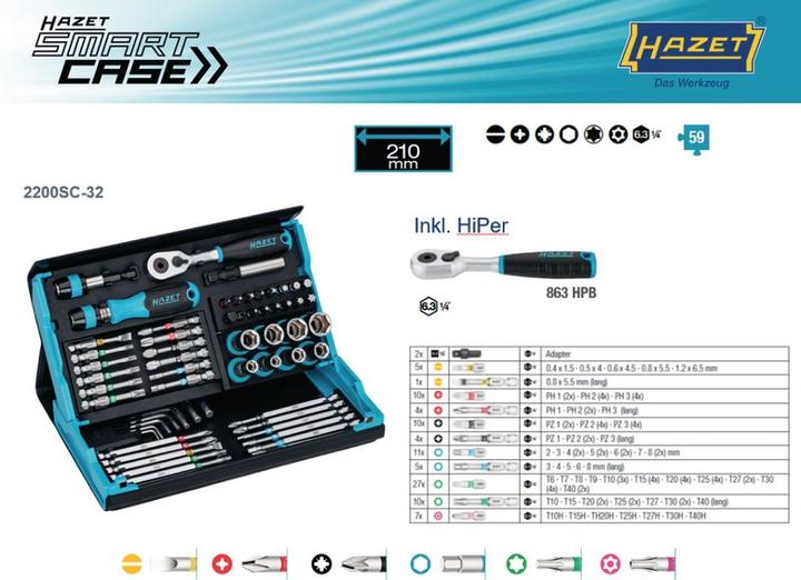 Actual product image HAZET SmartCase Bit Set 2200SC-32 ∙ Hexagon6.3 (1/4 inch), Square6.3 mm (1/4 inch) ∙ Slot P... (Cross Phillips PH M1, Cross Phillips PH M2, Cross Phillips PH M3, Cross Pozidriv PZ M1, Cross Pozidriv PZ M2, Hexagon socket TX M10, Hexagon socket TX M15, Hexagon socket TX M20, Hexagon socket TX M25, Hexagon socket TX M30, Hexagon socket TX M40, Hexagonal (hexagonal) M3, Hexagonal (hexagonal) M4)