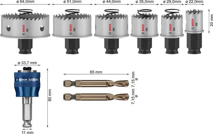 Produktbild Bosch Professional Zubehör PRO Sheet Metal PC Plus Lochsäge-Set, 8-tlg. (51 mm, 44 mm, 22 mm, 35 mm, 64 mm, 29 mm)