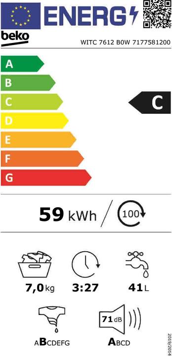 Etichetta energetica Beko WITC7612B0W Lavatrice da incasso a carica frontale (7 kg, A sinistra)