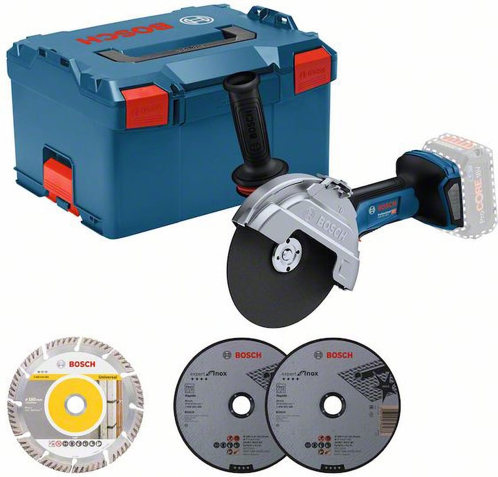 2 x disque à tronçonner, Expert for Inox Rapido, 180 x 22,23 mm (2 608 603 406), Poignée supplémentaire Vibration Control avec extension (1 607 000E8B), Capot de protection (1 600 A02 84A), Écrou de serrage (1 603 345 043), Capot de séparation métallique clipsable (1 619 P16 650), L-BOXX 238, 1 x disque diamanté, Standard for Universal, 180 x 22,23 mm (2 608 615 063), Bride de serrage (2 605 703 014), Tournevis pour écrous à deux trous (F 000 632 033)