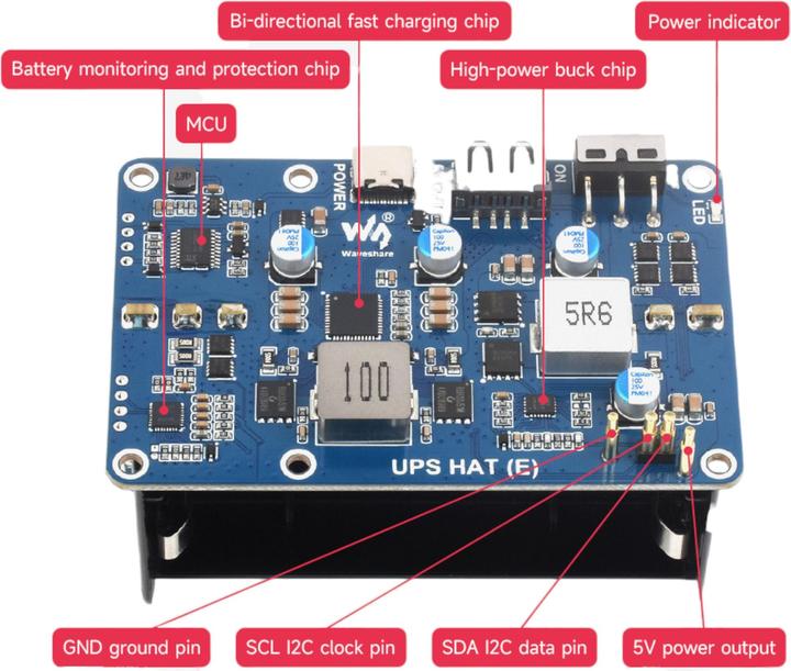 Produktbild WaveShare USV HAT (E) 6A 4x21700 Akkuboard für Raspberry Pi 5/ 4B/ 3B+