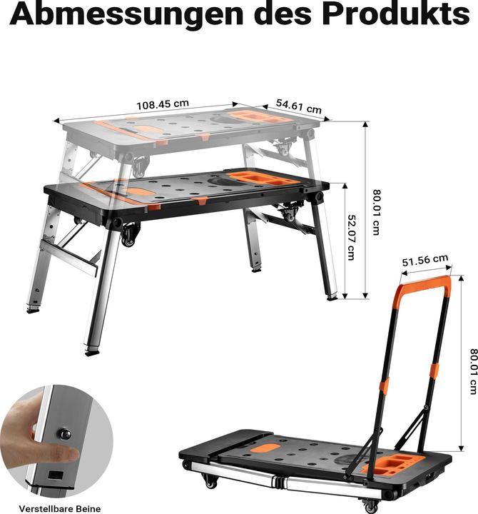 Image du produit Wiltec 7in1 Établi 139x59x78cm Chevalet de sciage 250kg Planche à roulettes Diable Établi (56 cm, 108.50 cm)
