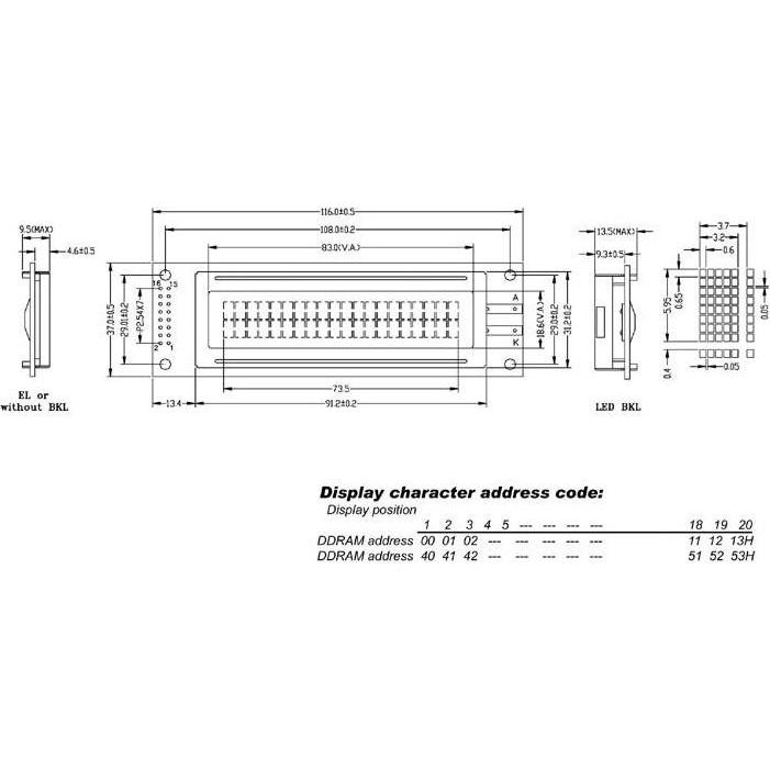 Powertip LCD 20x2 Supertwist Untenansicht Transflektiv Mit Gelber Hintergrundbeleuchtung (Display), Elektronikmodul