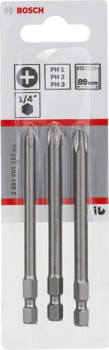 Actual product image Bosch Professional Zubehör Screwdriver bit set extra-hard, 3-piece, PH1, PH2, PH3, 89 mm (Cross Phillips PH M1, Cross Phillips PH M2, Cross Phillips PH M3)