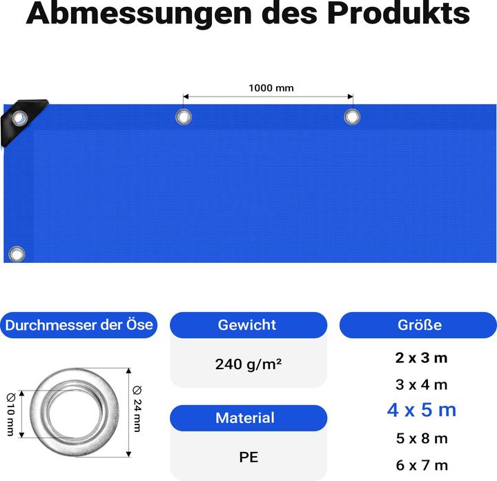 Produktbild Wiltec Abdeckplane wetterfest blau 5x4m PE Plane mit Ösen 240g/m² Gartenplane (5 x 4 m)