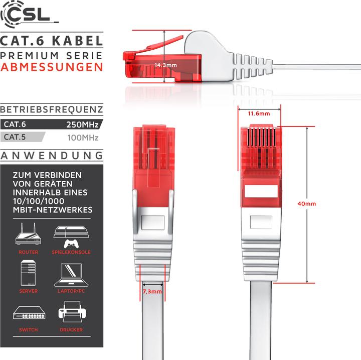Image du produit CSL Câble réseau plat - Câble Ethernet Gigabit Lan RJ45 (UTP, CAT6, 20 m)