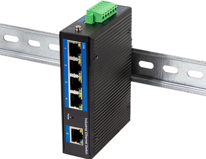 Produktbild LogiLink NS202P Industrieller Gigabit Ethernet Switch 5-Port 10/100/1000 Mbps mit PoE Hutschienenmo (5 Ports)