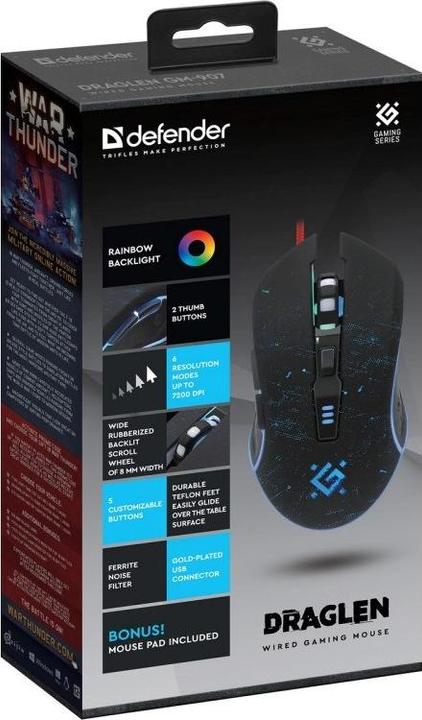 Actual product image Defender DRAGLEN GM-907 7200 DPI wired gaming mouse (Cable)