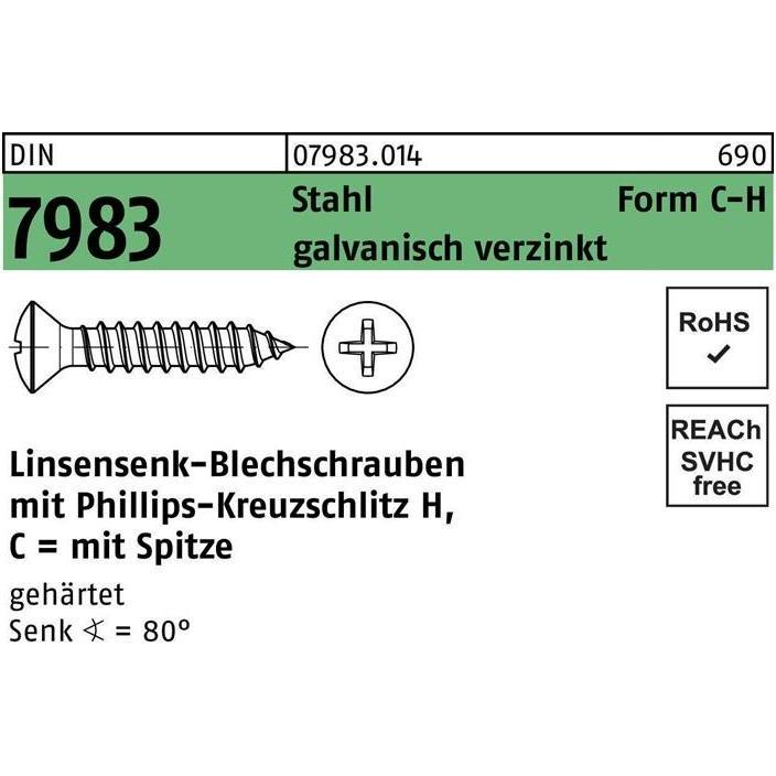 Schrauben, Linsensenkblechschraube DIN 7983 m.Kreuzschlitz-PH C 6,3 x 38 -H Stahl gehärtet galvanisch verzinkt (250 Schr...