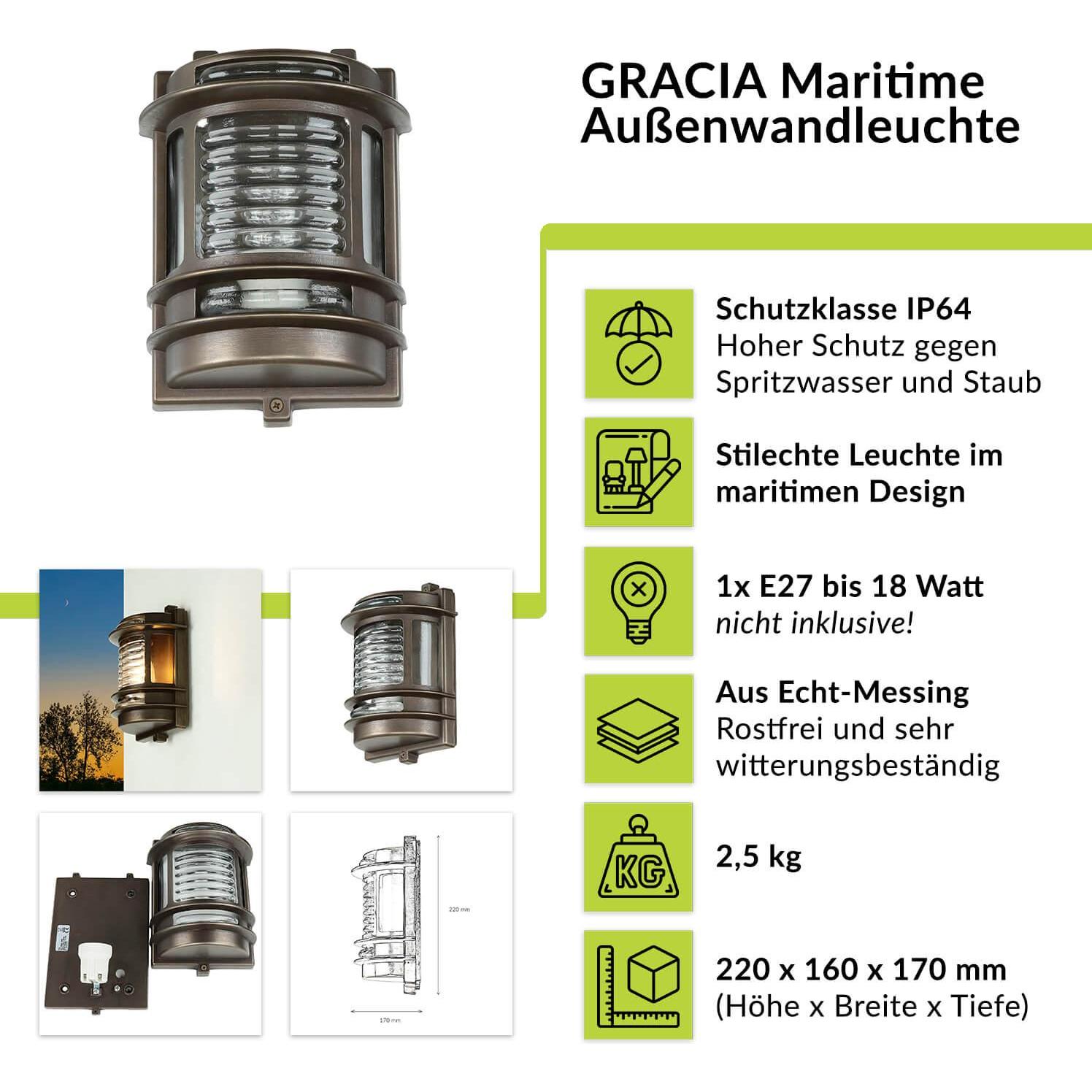 Thumbnail - Licht-Erlebnisse, Gartenbeleuchtung, Wandlampe Gracia Messing (E27, IP64)