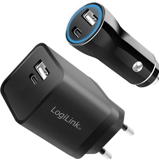 Produktbild LogiLink USB-Ladeadapter-Set, Auto & AC, USB-C/F + USB-A/F, 5 V/15 W, schwarz
