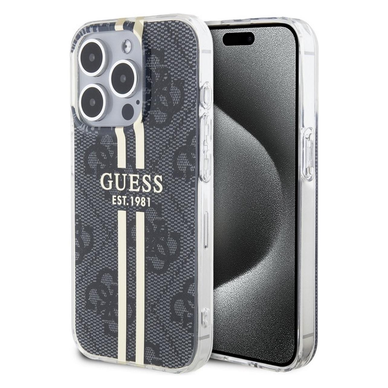 Guess GUHCP15LH4PSEGK IPhone 15 Pro 6.1" Czarny/zwarte Hardcase Iml 4G Gold Stripe (Apple IPhone 15 Pro), Smartphonehoes, Zwart, Goud