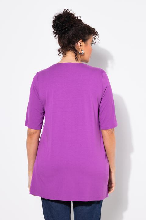 Image du produit Ulla Popken T-shirt tunique, manches courtes, large liseré fantaisie tout autour du décolleté (58)