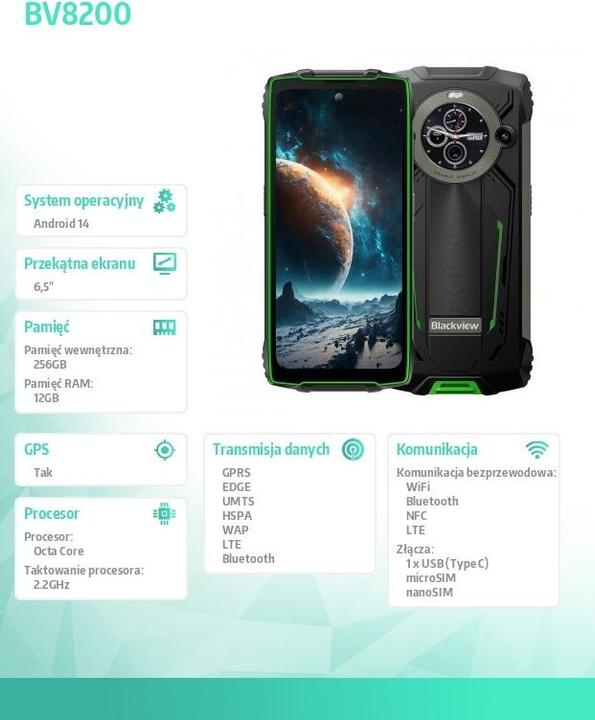 Actual product image Blackview BV8200 (Double Sim - Écran de 6.5" - 256 Go, 12 Go RAM - NFC) Vert (256 GB, Green, 6.50", Dual SIM)