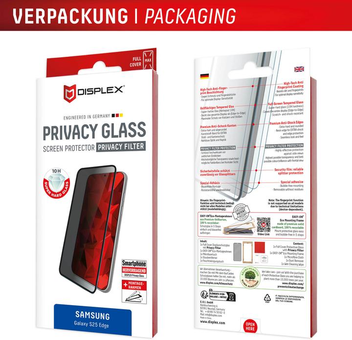 Produktbild Displex Privacy Glass, Privacy Full Cover Panzerglas (1 Stk., Samsung Galaxy S25 Edge)