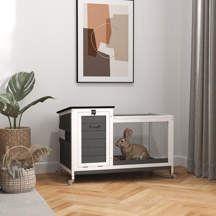 Actual product image PawHut Kaninchenstall Tannenholz, Stahl Dunkelgrau