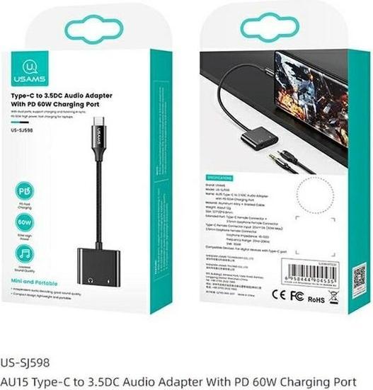 Produktbild Usams AU15 Adapter USB-C - jack 3.5m DAC + USB-C PD60W czarny/black SJ598YPTC01 (US-SJ598) (USB Typ C, 3.5mm Klinke, USB Typ C)