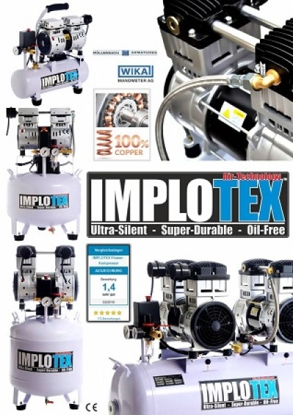 Produktbild Implotex - Flüsterkompressor 480W, 48dB leise, ölfrei Kompressor inkl. Ausblaspistole und Drucklufts (8 Bar, 9 l)