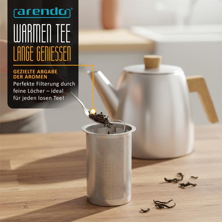 Produktbild Arendo Teekanne aus Edelstahl mit Holzgriff, Siebeinsatz, 1L, Isolierkanne, Doppelwandig, Edelstahl Teesieb (1 l)