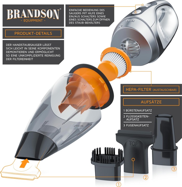 Produktbild Brandson Akku Handstaubsauger 85 W, beutellos, Akku Handstaubsauger mit HEPA-Filter Beutellos