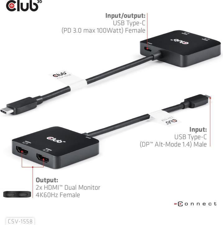 Actual product image Club 3D Club3D MST hub USB 3.2 Type C > 2x HDMI 4K60Hz +100W PD St/Bu retail (USB-C, 3 Ports)