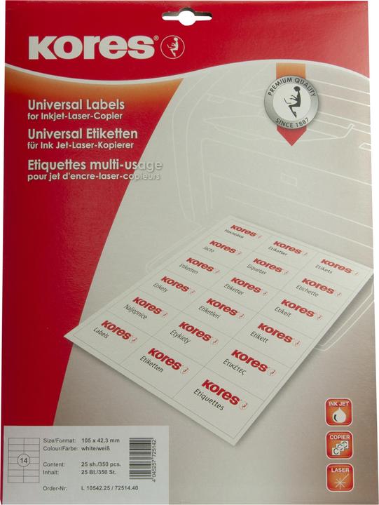 Image du produit Kores Étiquettes universelles, 105 x 42,3 mm, blanc, 25 feuilles