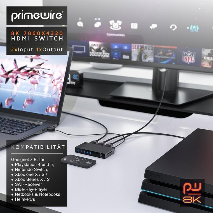 Actual product image Primewire 2-port HDMI 2.1 switch, 8K switch, 2 in 1 Out UHD, splitter with remote control, UHD 8k 4k 60 Hz