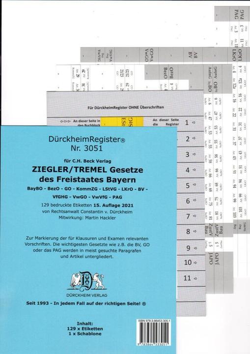 Produktbild DürckheimRegister® ZIEGLER TREMEL Gesetze Freistaat Bayern 2023 (Deutsch, Constantin Dürckheim, Constantin von Dürckheim, Martin Hackler, 2021)