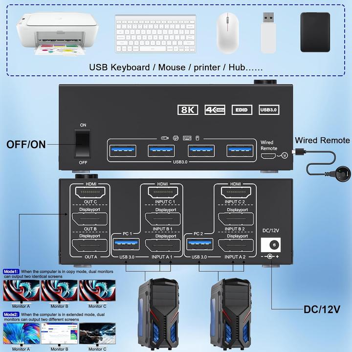 Produktbild Kceve KVM Switch für 2 PCs und 3 Monitore 4K/8K