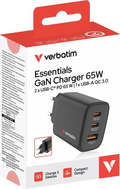 Immagine prodotto Verbatim GaN III Essentials Charger 3 Port 65W USB-A/C black (65 W, 3 porte)
