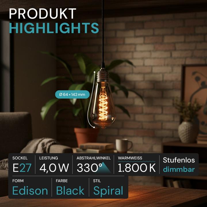 Immagine prodotto Luxula Lampada a filamento LED, SPIRALE, Pera, E27, 4W, 40lm, 1800K, dimmerabile (E27, 40 lm, 1 x)