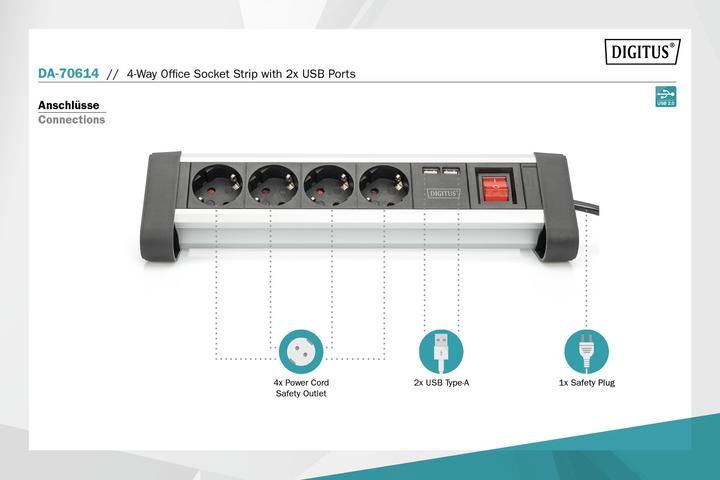 Image du produit Digitus Bloc de prises de bureau (6 x, USB-A, 1.50 m)