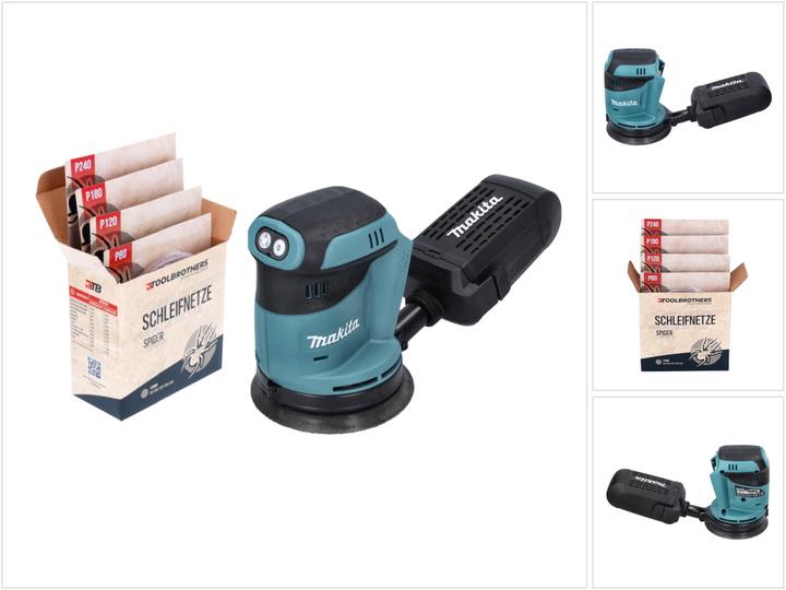 10x Toolbrothers SPIDER 125 mm P240, 10x Toolbrothers SPIDER 125 mm P80, 10x Toolbrothers SPIDER 125 mm P180, 10x Toolbrothers SPIDER 125 mm P120, 1x Staubsammelaufsatz, 1x Makita DBO 180 Akku Exzenterschleifer