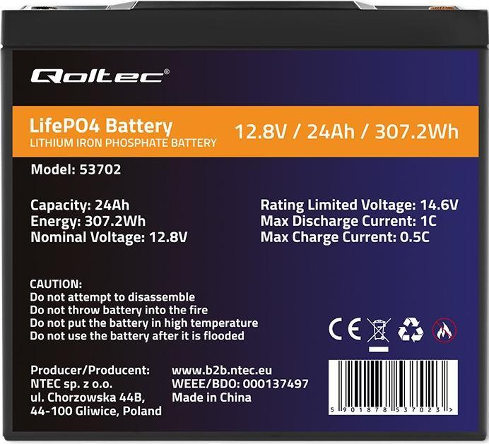 Produktbild Qoltec Akumulator LiFePO4 LiFePO4 Litowo-Żelazowo-Fosforanowy | 12.8V | 24Ah | 307.2Wh | BMS (12.80 V, 24 Ah)