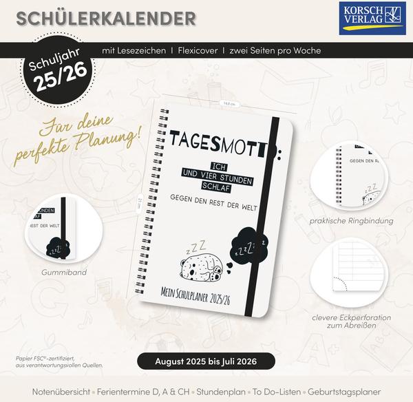 Produktbild Schlerkalender Schlaf 2025/2026 (A5, 1 Woche / 2 Seiten)