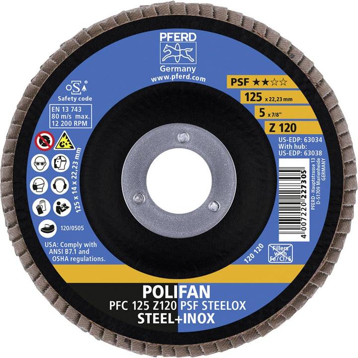 Actual product image Pferd POLIFAN flap disc sal line PSF 125 mm zirconia alumina Z grit size 120 for /stainless steel diameter (120)