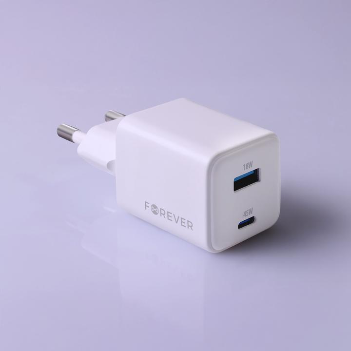 Actual product image Forever TC-08-45AC GaN PD QC charger 1x USB-C 1x USB 45W white (45 W, 2 ports)