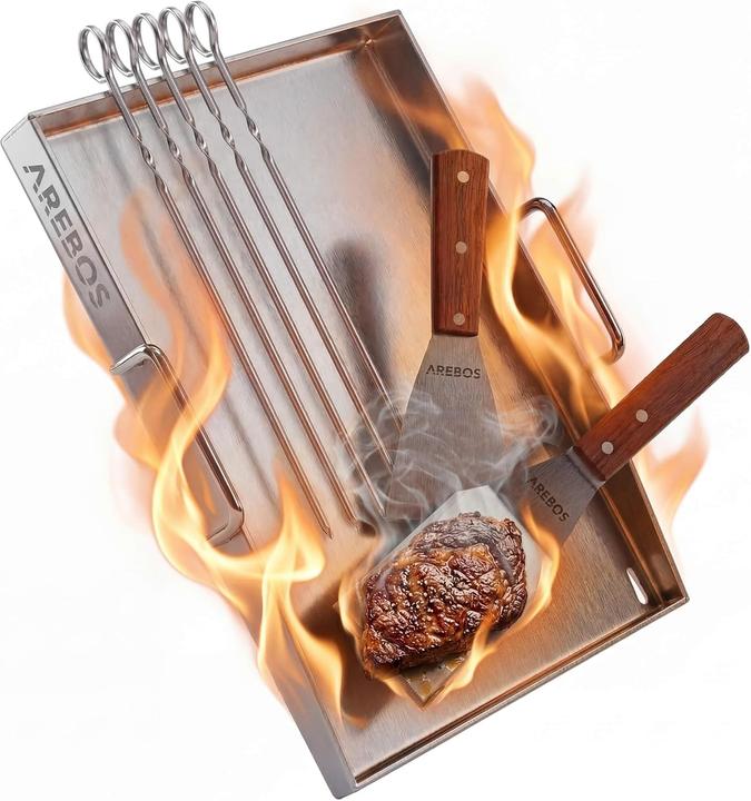 Arebos Edelstahl Grillplatte 40x30 cm mit Fettablauf & Zubehör