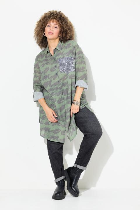Produktbild Ulla Popken Longbluse, Scribble-Muster, Hemdkragen, Langarm (50, 52)