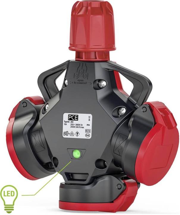 Produktbild PCE PC Electric 253832-sr 3fach-Kupplung Gummi mit Spannungsanzeige 250 V Rot IP54