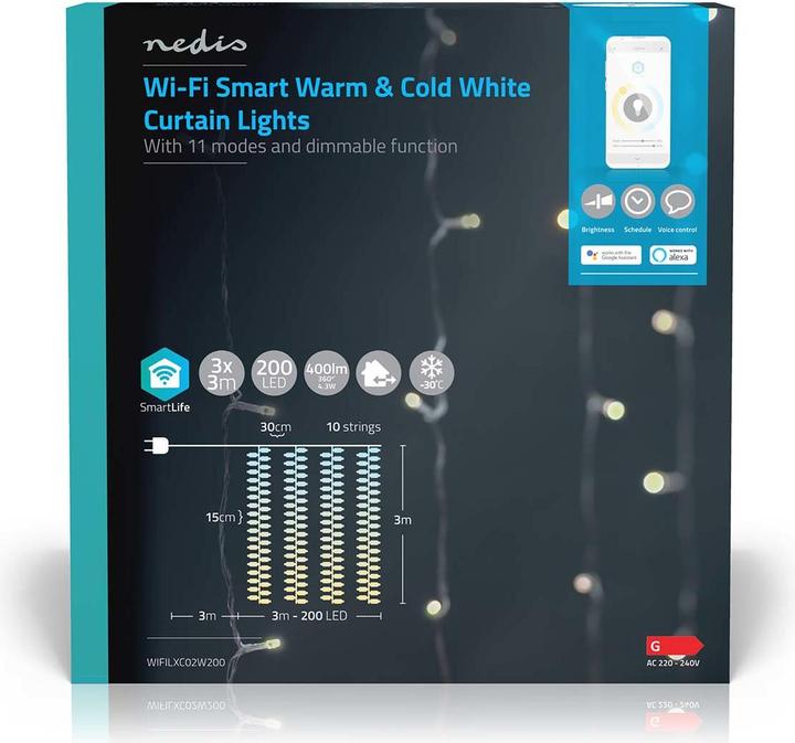 Produktbild Nedis SmartLife Dekorative LED | Vorhang | Wi-Fi | Warm bis kühlen weiss | 200 LED's | 3 m | Android™ (0.20 m)