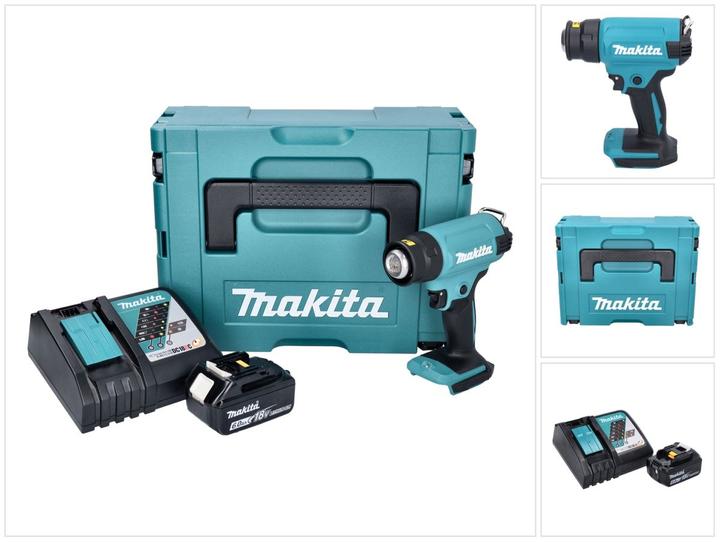 1x Makita DHG 180 batterie soufflerie d'air chaud, 1x Makita BL 1860 B 18 V 6,0 Ah batterie, 1x Makita DC 18 RC chargeur, 1x Makita Makpac mallette, 1x universel insert