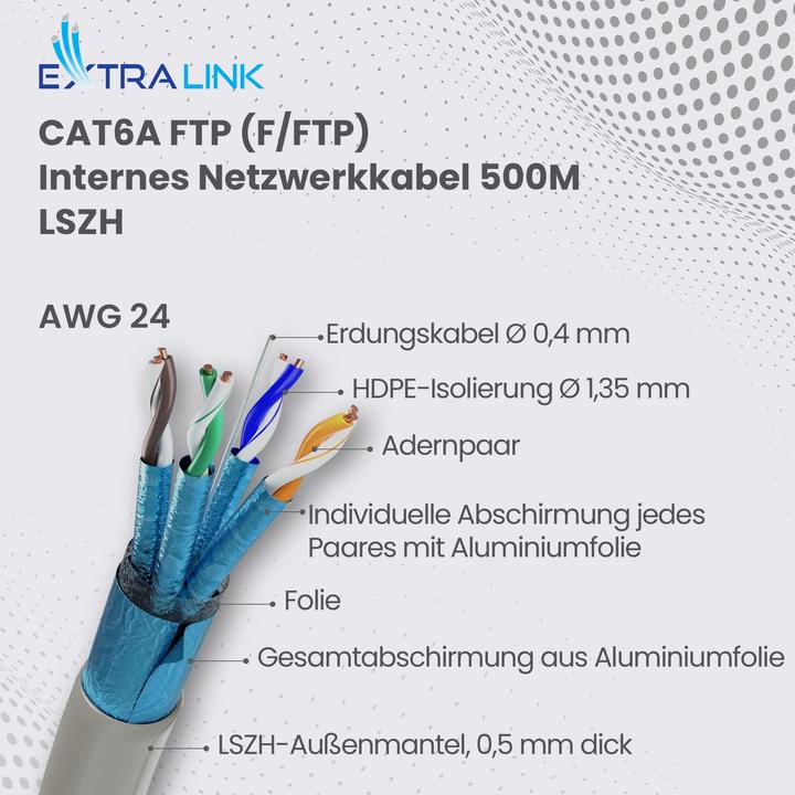 Immagine prodotto Extralink Cavo di rete CAT6A FTP per interni 500m LSZH (F/FTP, CAT6a, 500 m)