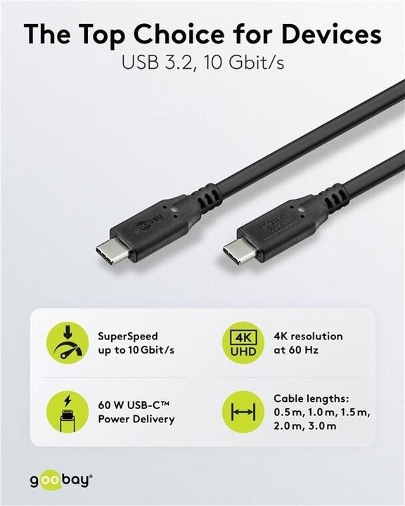 Produktbild Goobay USB-C-Kabel, USB 3.2, 60 W, 10 Gbit/s, Power Delivery, 0,5 m (0.50 m, USB 3.2 Gen 1, 100 W)