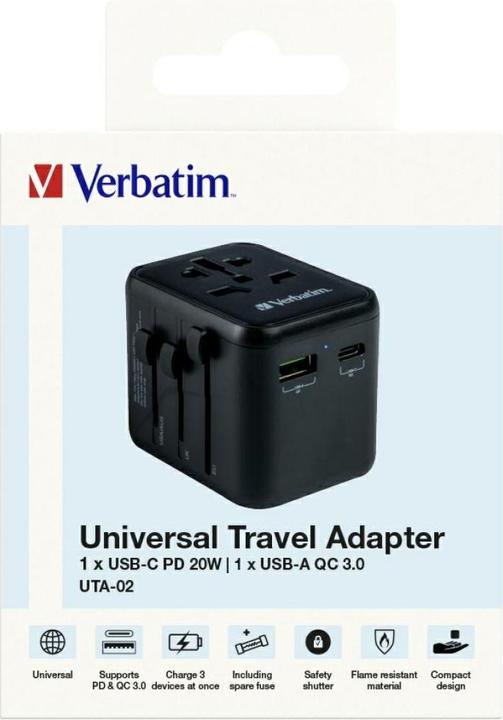 Actual product image Verbatim Universal Travel Adapter with 1 x USB-C PD 20W / 1 x USB-A QC 3.0