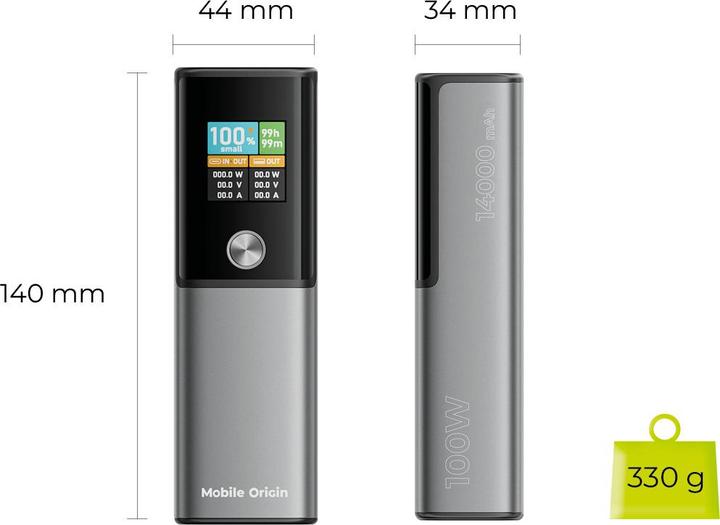 Image du produit Mobile Origin Banque d'alimentation 100W PD 14000mAh Display PowerBank PB12 - USB-C + USB-A (14000 mAh, 100 W)