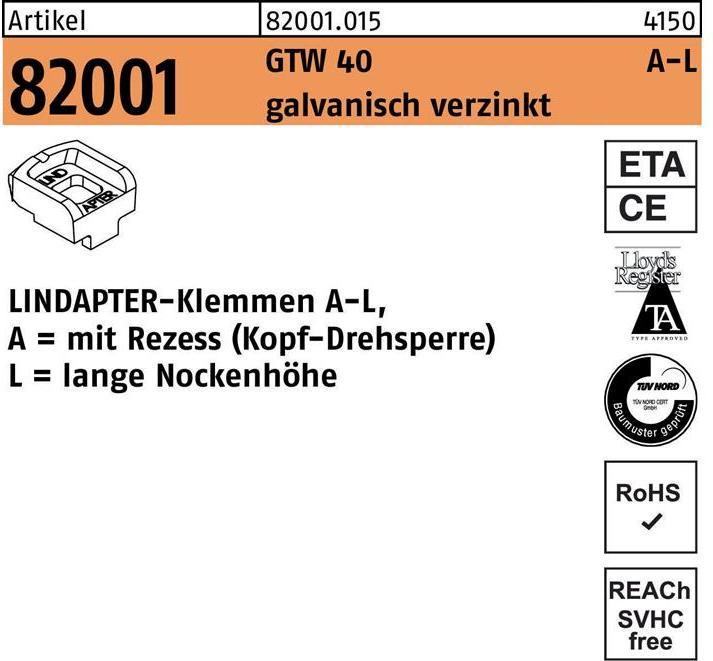 Produktbild Lindapter Klemmen R 82001 GTW 40 LM 10 / 7,0 galvanisch verzinkt (7 m)