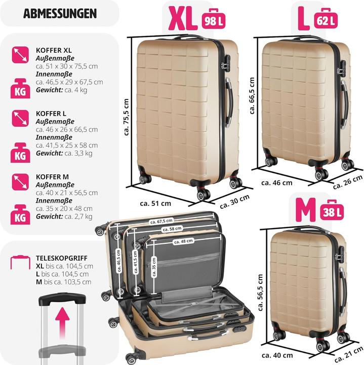 Produktbild tectake 800518 Reisekofferset 3-teilig, Champagner (98 l)