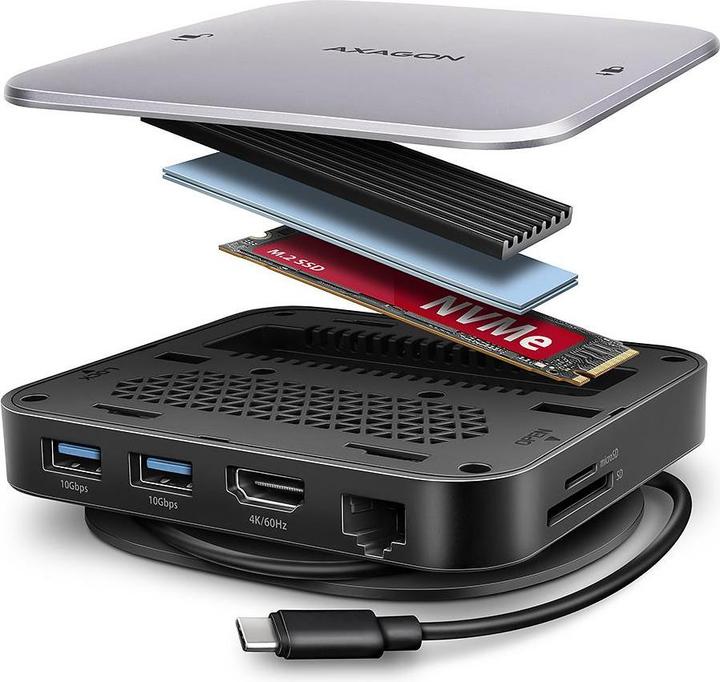 Produktbild Axagon HMC-UFO USB-C Hub, M.2 SATA/NVMe, 1 Gbit/s Ethernet, 384 kHz Audio - schwarz/silber (USB-C, 1 Port)